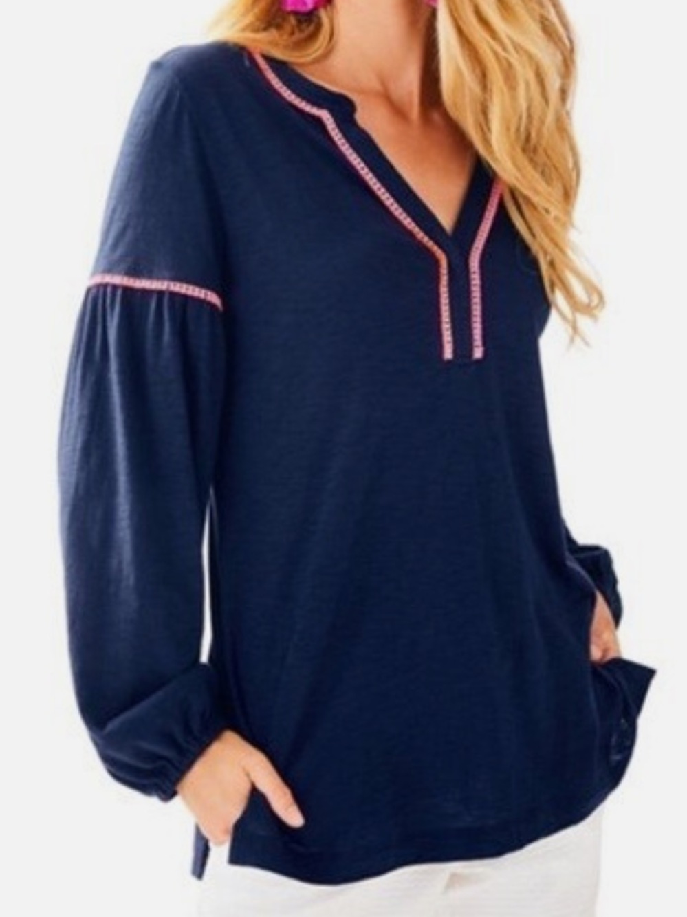 Lilly Pulitzer Kalissa Navy BlueKnit Hot Pink Fringe Trim V-Neck Tunic Top Small